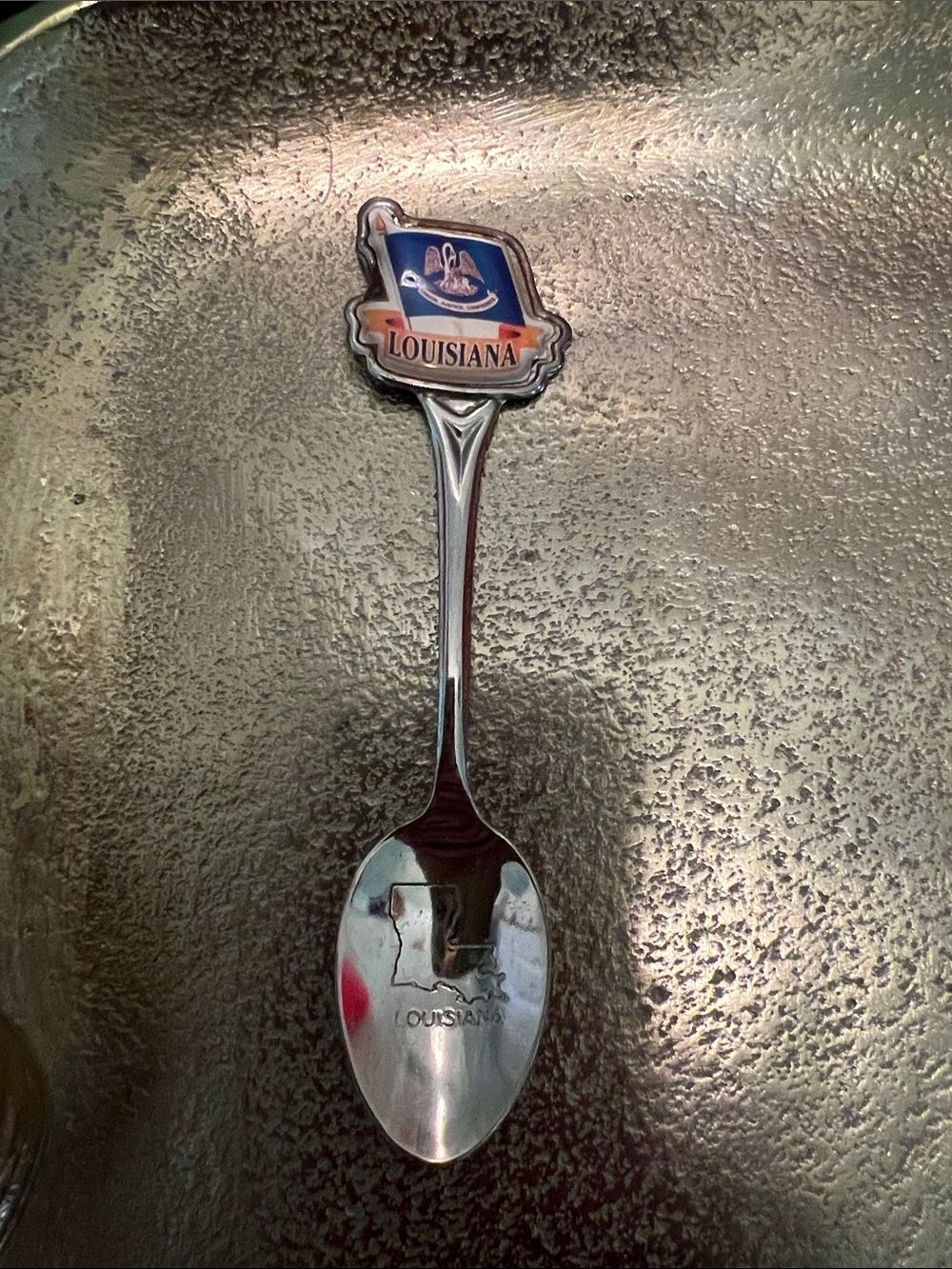 #1962**Louisiana Silver-Tone Collectible Souvenir Spoon - Blue and Orange Accent
